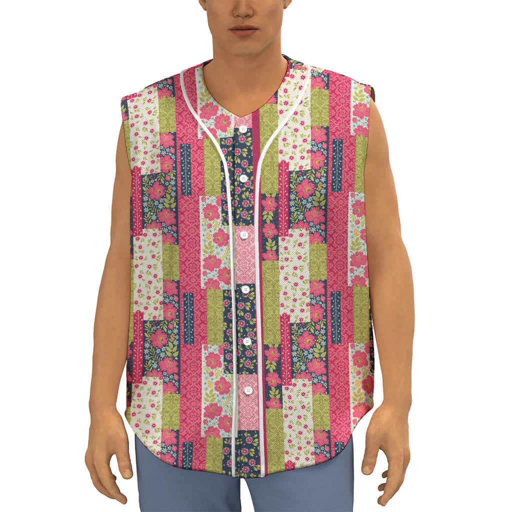 Pink Flower Patchwork Pattern Print Sleeveless Baseball Jersey