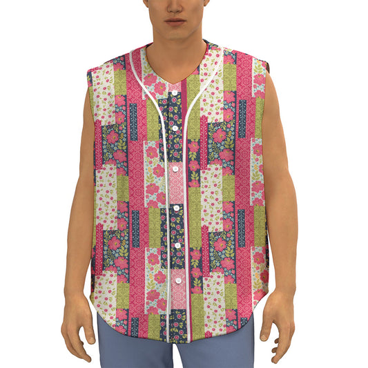 Pink Flower Patchwork Pattern Print Sleeveless Baseball Jersey