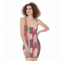 Pink Flower Patchwork Pattern Print Sleeveless Bodycon Dress