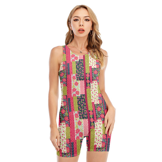 Pink Flower Patchwork Pattern Print Sleeveless One Piece Swimsuit