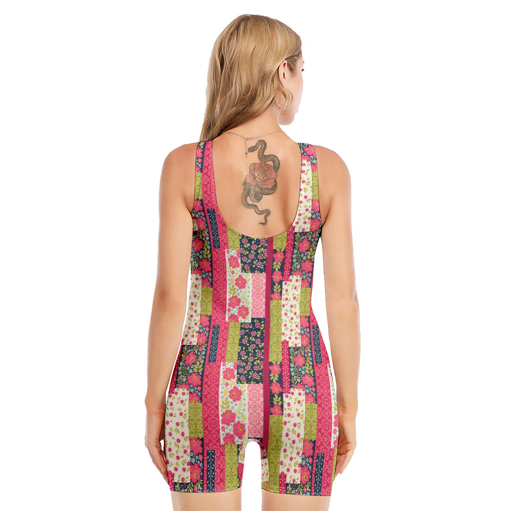Pink Flower Patchwork Pattern Print Sleeveless One Piece Swimsuit