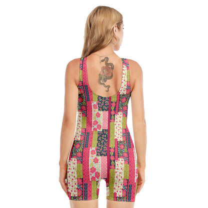 Pink Flower Patchwork Pattern Print Sleeveless One Piece Swimsuit