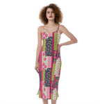 Pink Flower Patchwork Pattern Print Slim Fit Midi Cami Dress