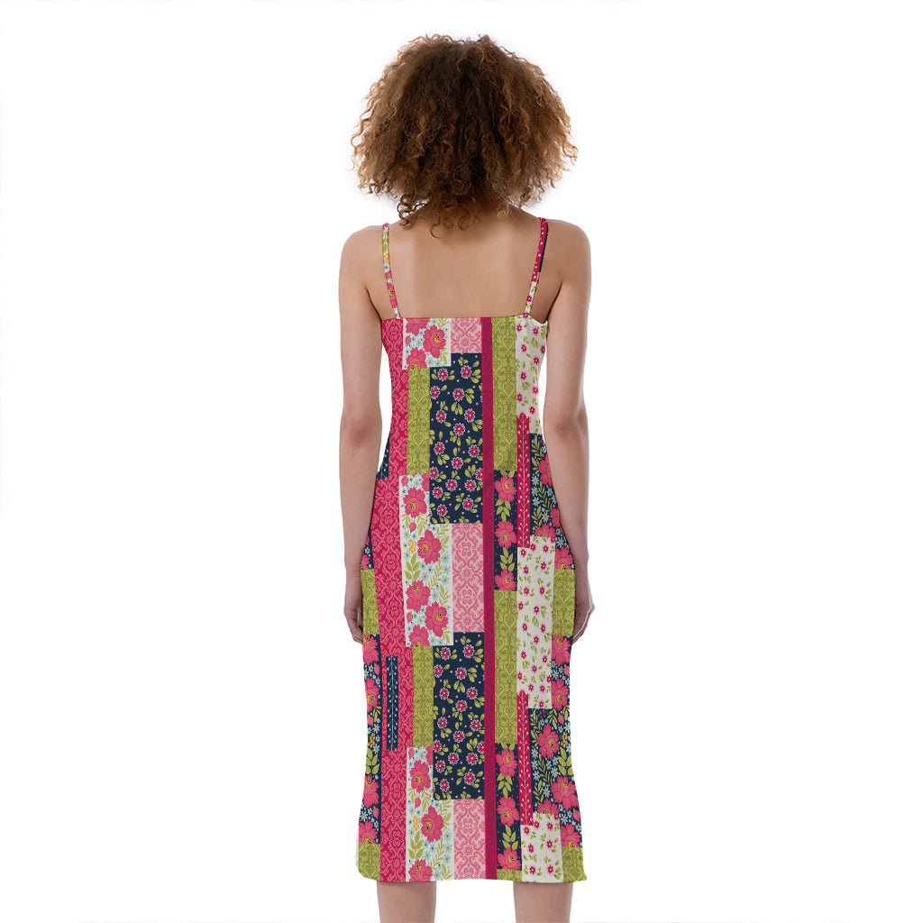Pink Flower Patchwork Pattern Print Slim Fit Midi Cami Dress