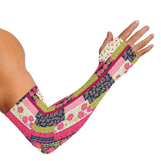 Pink Flower Patchwork Pattern Print Sun Protection Arm Sleeves