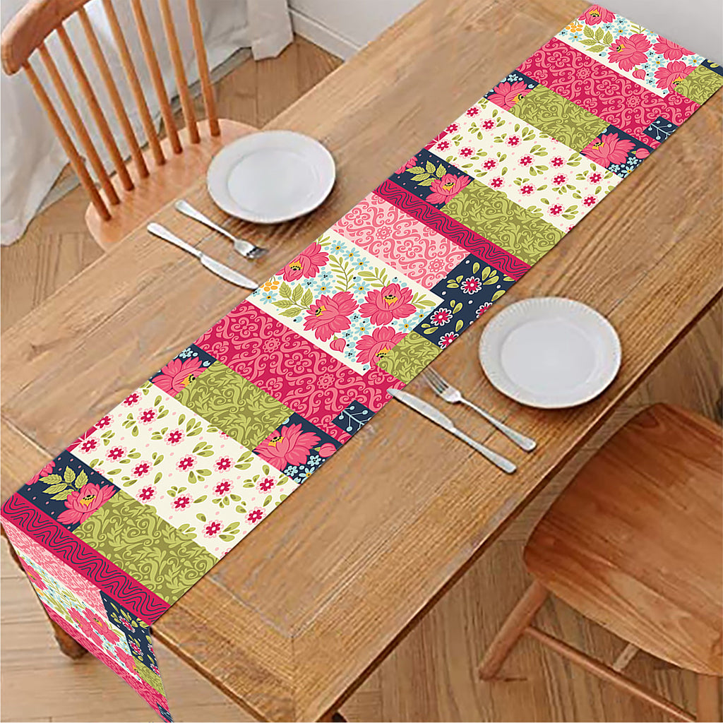 Pink Flower Patchwork Pattern Print Table Runner