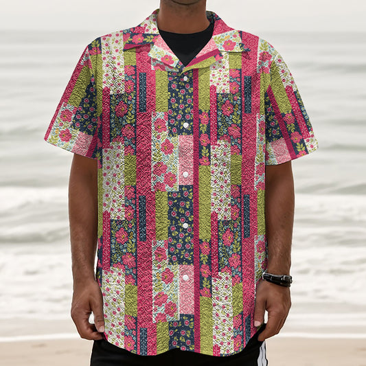 Pink Flower Patchwork Pattern Print Textured Short Sleeve Shirt