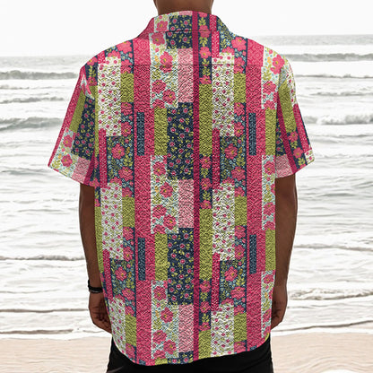 Pink Flower Patchwork Pattern Print Textured Short Sleeve Shirt
