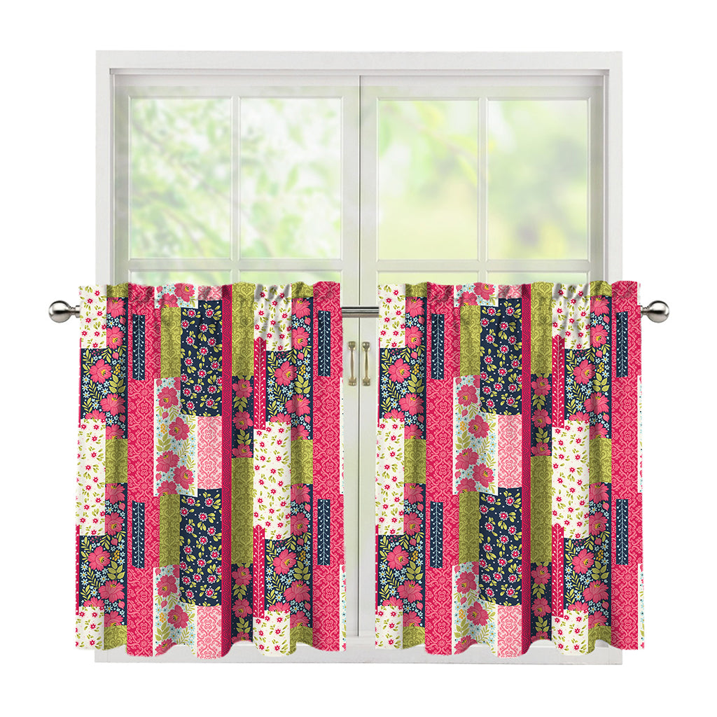 Pink Flower Patchwork Pattern Print Tier Curtains
