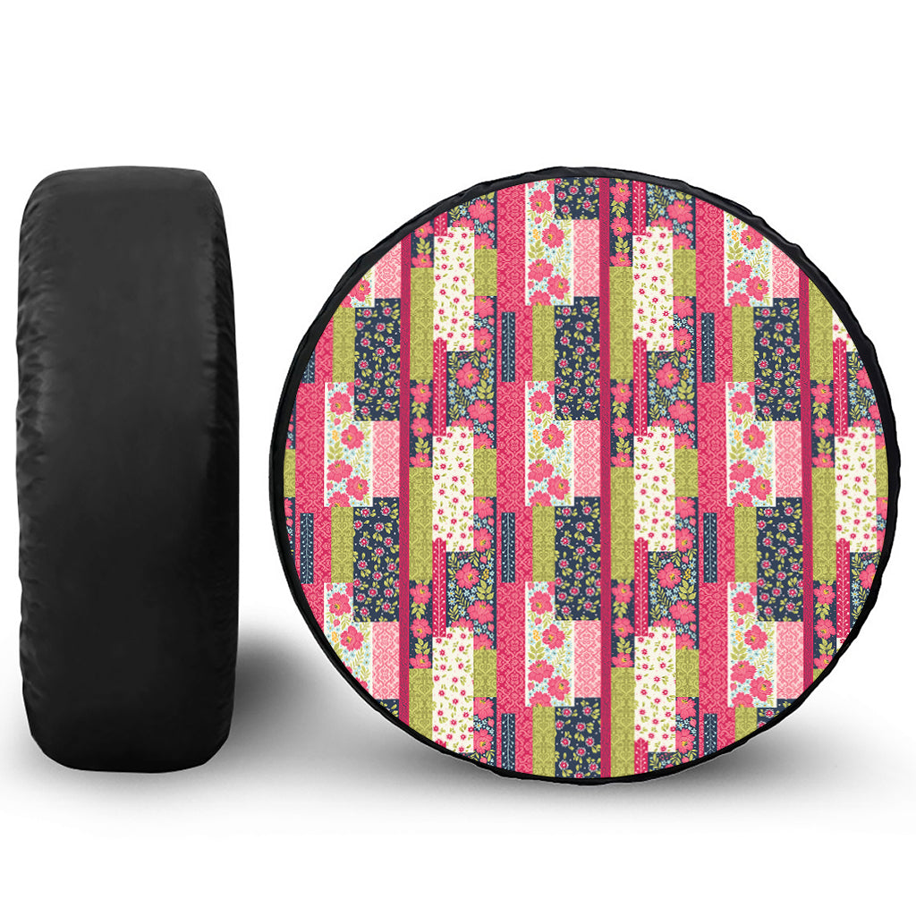 Pink Flower Patchwork Pattern Print Tire Cover