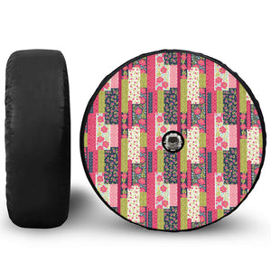 Pink Flower Patchwork Pattern Print Tire Cover With Camera Hole