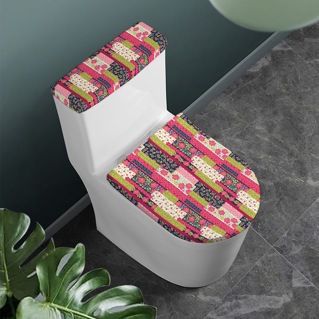 Pink Flower Patchwork Pattern Print Toilet Lid And Tank Cover Set