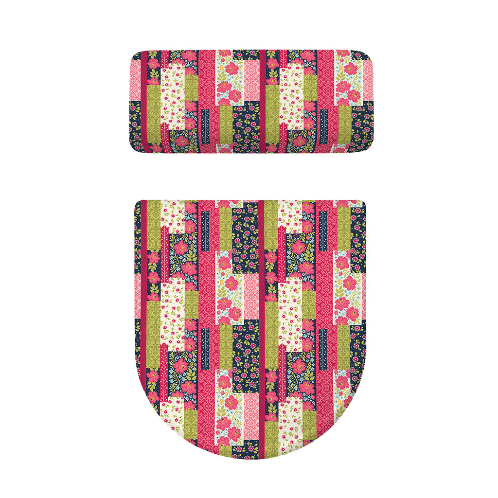 Pink Flower Patchwork Pattern Print Toilet Lid And Tank Cover Set