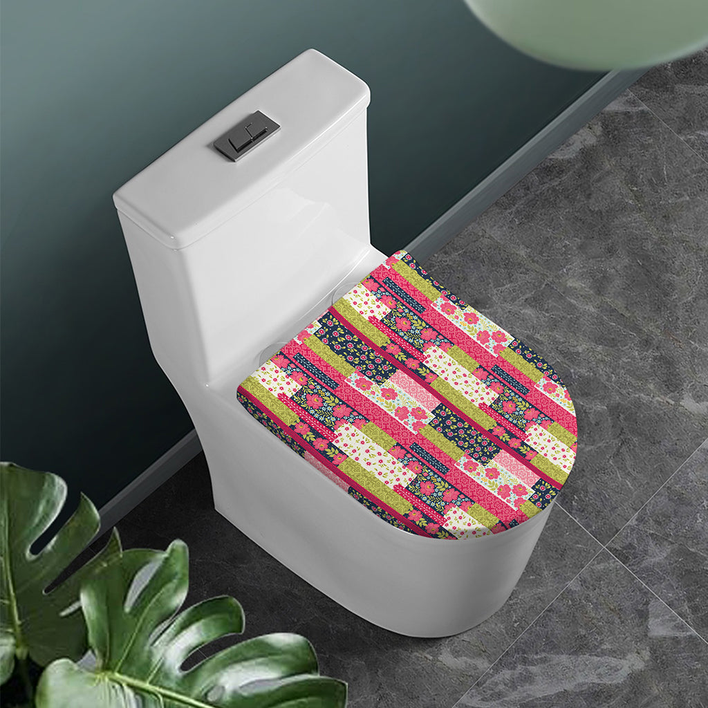 Pink Flower Patchwork Pattern Print Toilet Lid Cover