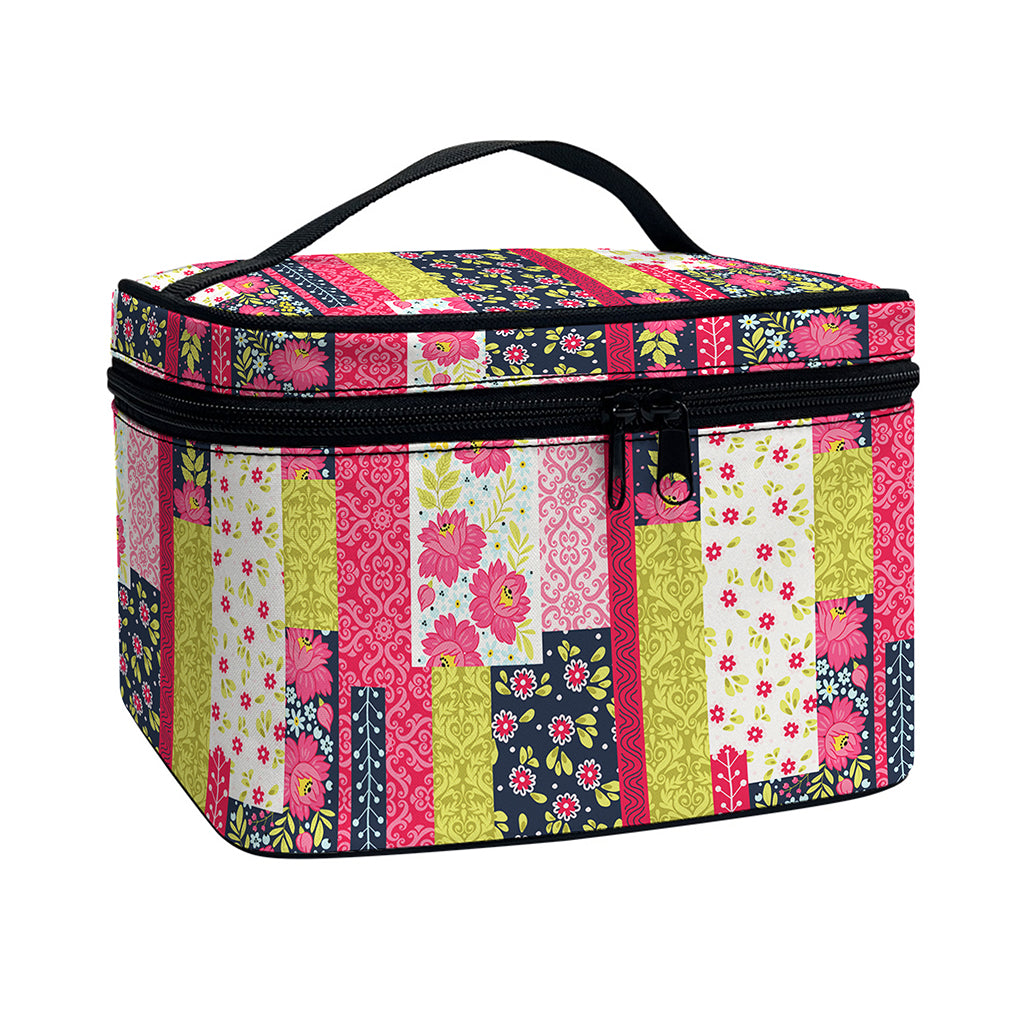 Pink Flower Patchwork Pattern Print Travel Makeup Bag