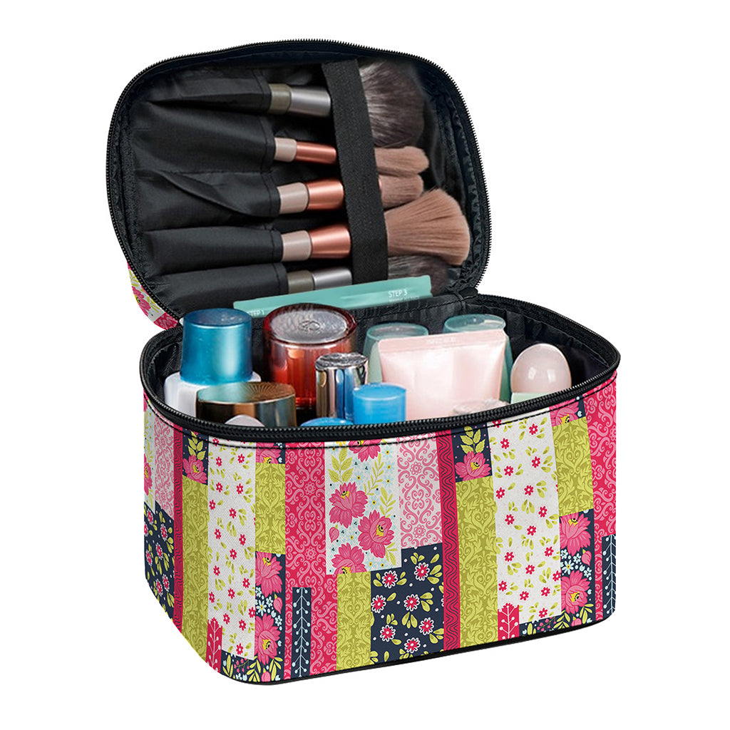 Pink Flower Patchwork Pattern Print Travel Makeup Bag