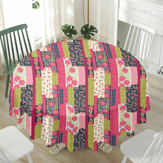Pink Flower Patchwork Pattern Print Waterproof Round Tablecloth