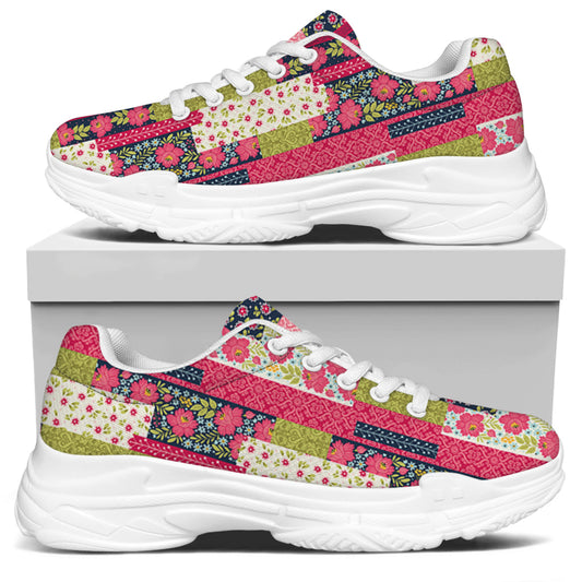 Pink Flower Patchwork Pattern Print White Chunky Shoes