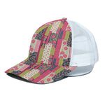 Pink Flower Patchwork Pattern Print White Mesh Trucker Cap