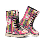 Pink Flower Patchwork Pattern Print Winter Boots