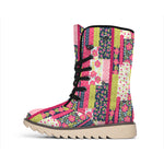 Pink Flower Patchwork Pattern Print Winter Boots