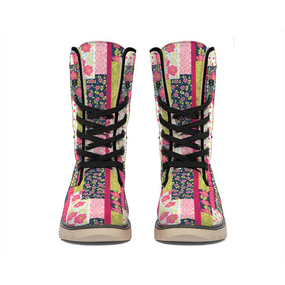 Pink Flower Patchwork Pattern Print Winter Boots