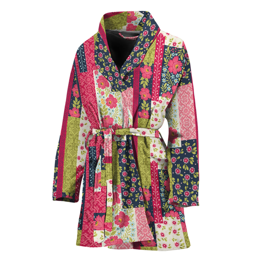 Pink Flower Patchwork Pattern Print Women's Bathrobe