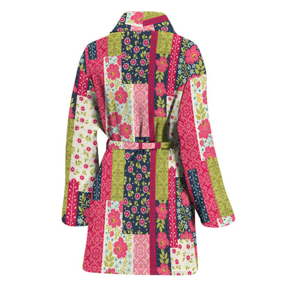 Pink Flower Patchwork Pattern Print Women's Bathrobe