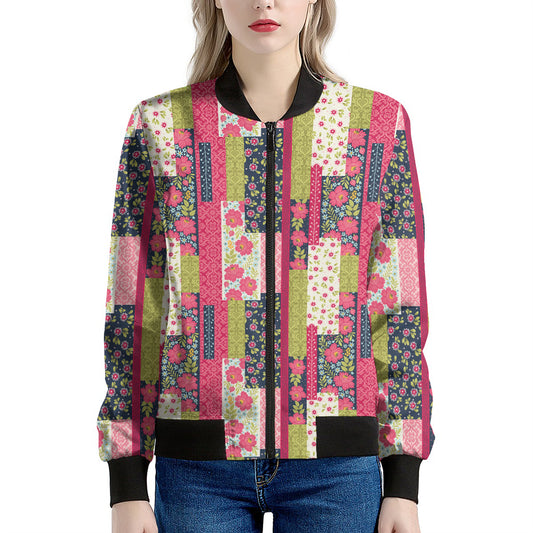 Pink Flower Patchwork Pattern Print Women's Bomber Jacket