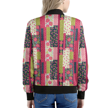 Pink Flower Patchwork Pattern Print Women's Bomber Jacket