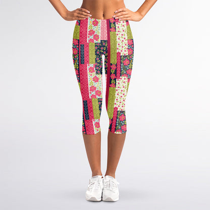 Pink Flower Patchwork Pattern Print Women's Capri Leggings