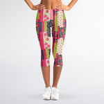 Pink Flower Patchwork Pattern Print Women's Capri Leggings