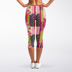 Pink Flower Patchwork Pattern Print Women's Capri Leggings