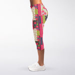 Pink Flower Patchwork Pattern Print Women's Capri Leggings