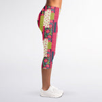 Pink Flower Patchwork Pattern Print Women's Capri Leggings