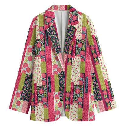 Pink Flower Patchwork Pattern Print Women's Cotton Blazer