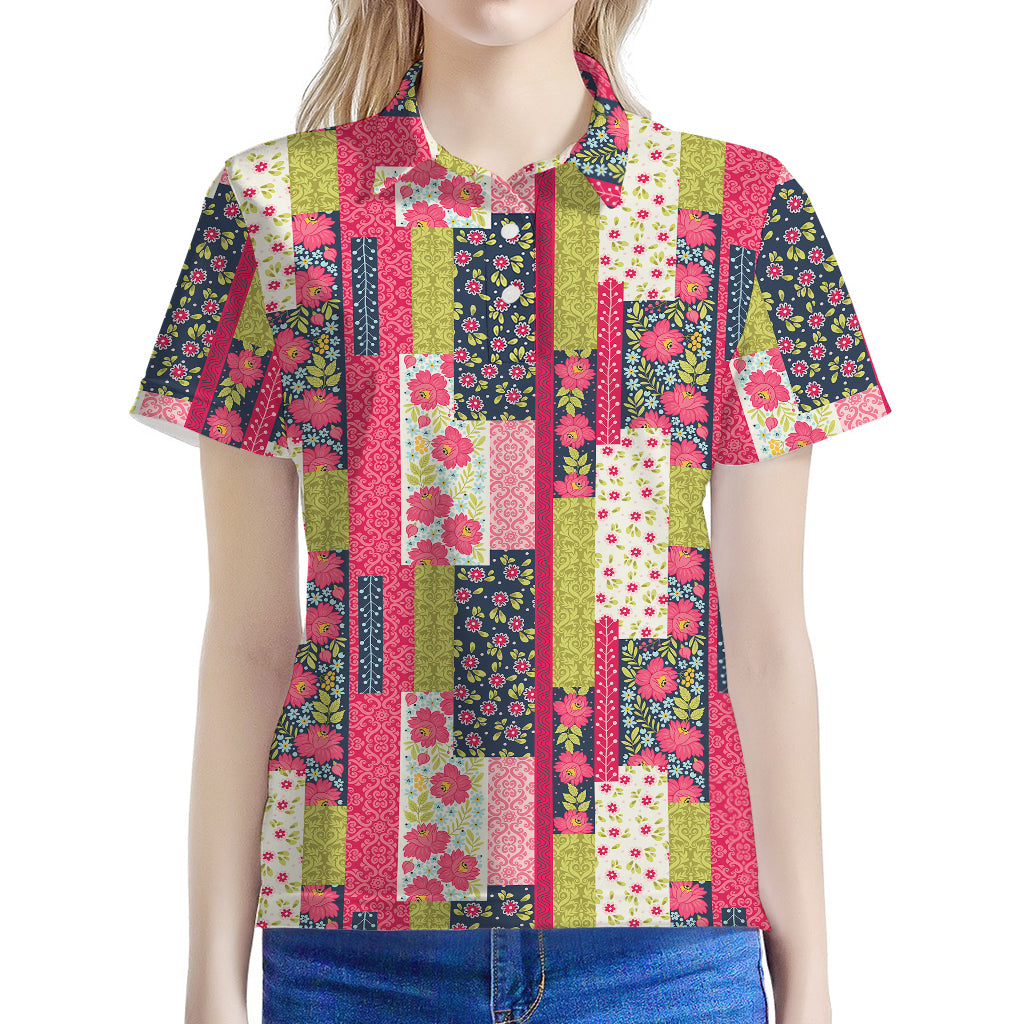 Pink Flower Patchwork Pattern Print Women's Polo Shirt