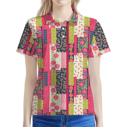 Pink Flower Patchwork Pattern Print Women's Polo Shirt