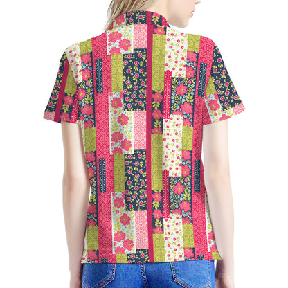 Pink Flower Patchwork Pattern Print Women's Polo Shirt