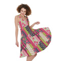 Pink Flower Patchwork Pattern Print Sleeveless Knee Length Dress