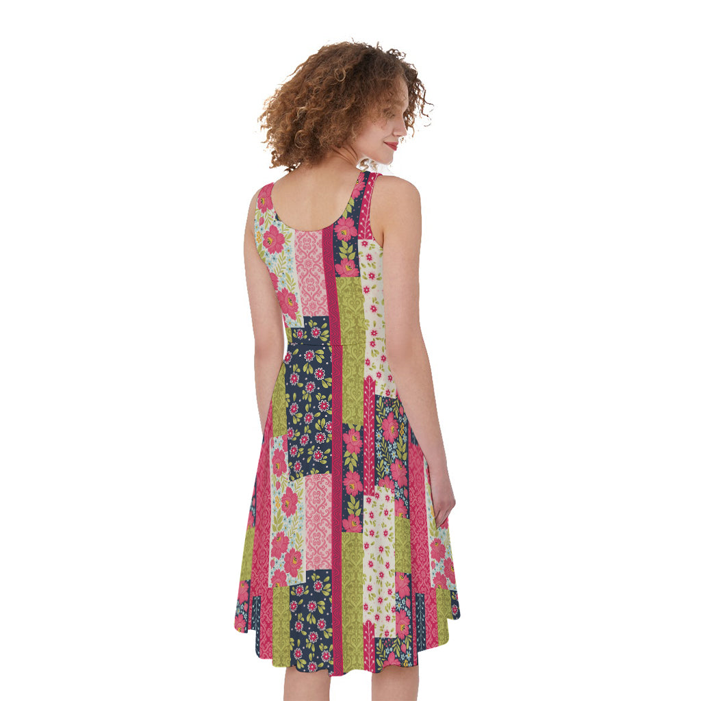 Pink Flower Patchwork Pattern Print Women's Sleeveless Dress