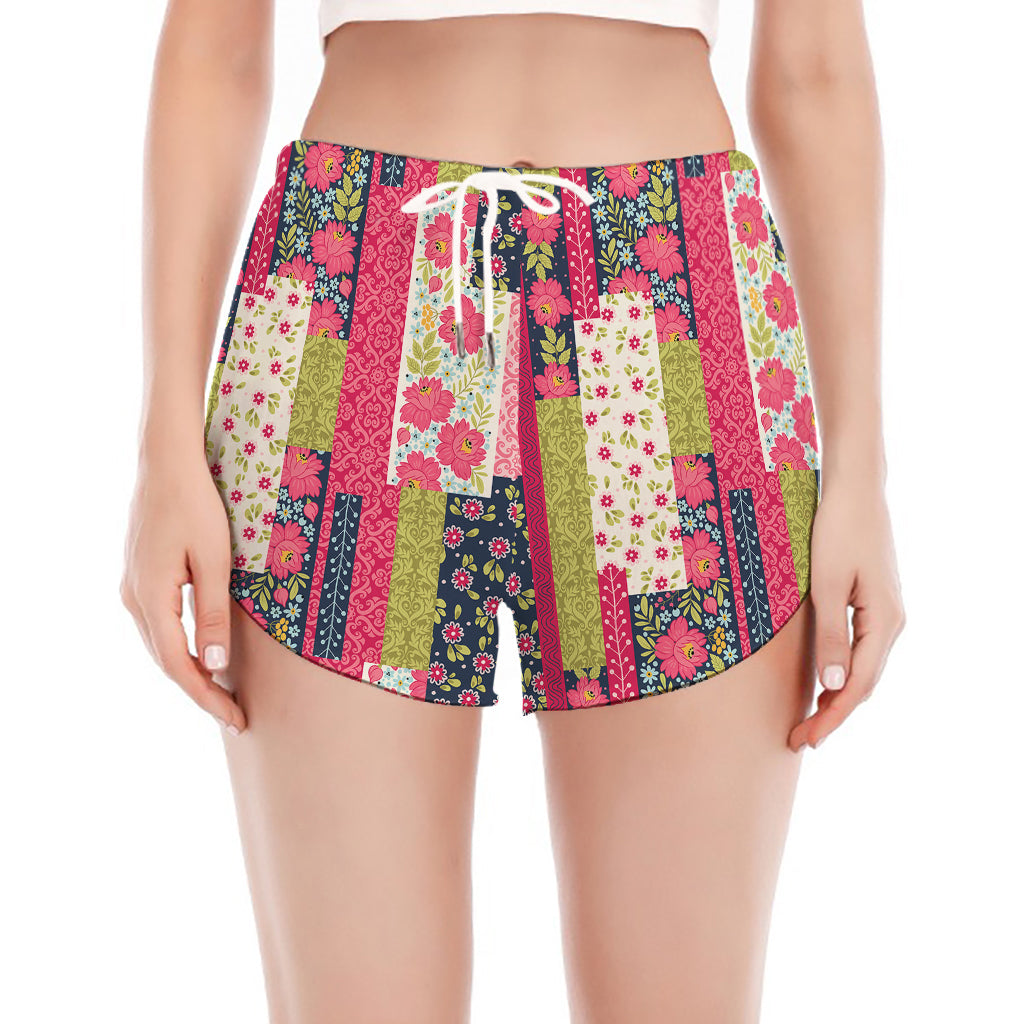 Pink Flower Patchwork Pattern Print Women's Split Running Shorts