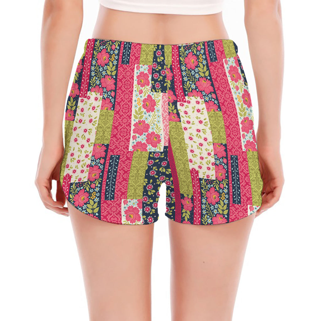Pink Flower Patchwork Pattern Print Women's Split Running Shorts