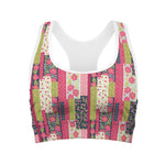Pink Flower Patchwork Pattern Print Women's Sports Bra
