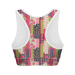 Pink Flower Patchwork Pattern Print Women's Sports Bra