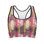 Pink Flower Patchwork Pattern Print Women's Sports Bra