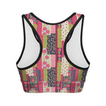 Pink Flower Patchwork Pattern Print Women's Sports Bra