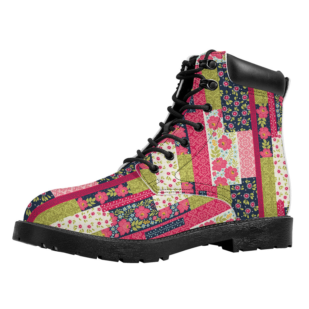 Pink Flower Patchwork Pattern Print Work Boots