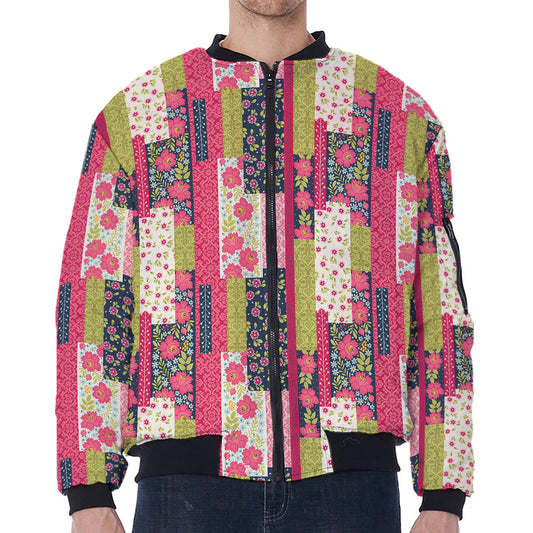 Pink Flower Patchwork Pattern Print Zip Sleeve Bomber Jacket