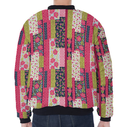 Pink Flower Patchwork Pattern Print Zip Sleeve Bomber Jacket